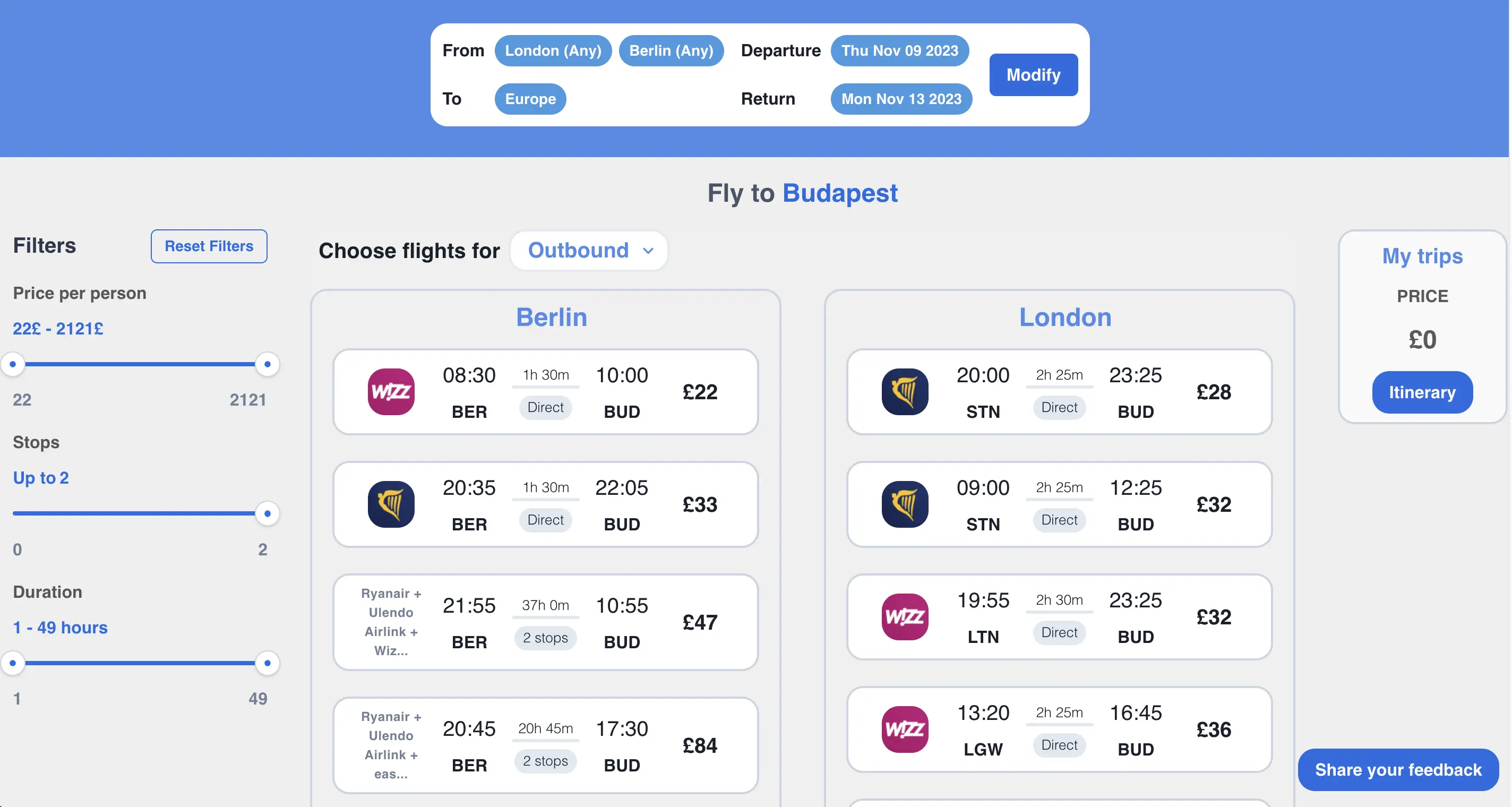 Selected flights